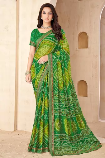 Green bandhani work chiffon saree with border detailing and unstitched blouse