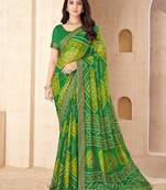 Green bandhani work chiffon saree with border detailing and unstitched blouse