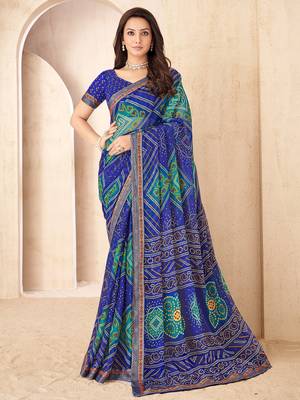 Blue bandhani work chiffon saree with border detailing and unstitched blouse 1