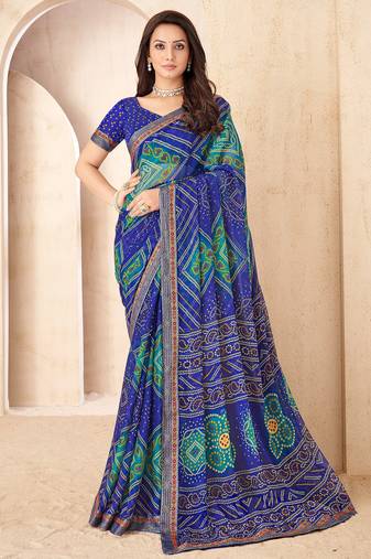 Blue bandhani work chiffon saree with border detailing and unstitched blouse