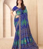 Blue bandhani work chiffon saree with border detailing and unstitched blouse