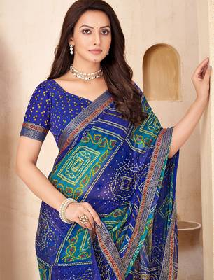 Blue bandhani work chiffon saree with border detailing and unstitched blouse 2