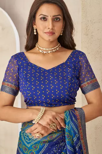 Blue bandhani work chiffon saree with border detailing and unstitched blouse