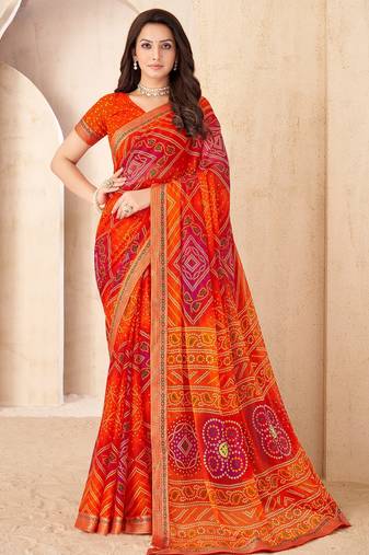 Orange bandhani work chiffon saree with border detailing and unstitched blouse