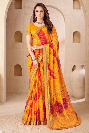 Yellow bandhani work chiffon saree with border detailing and unstitched blouse