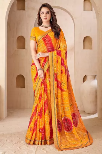 Yellow bandhani work chiffon saree with border detailing and unstitched blouse