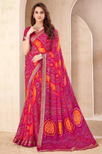 Magenta bandhani work chiffon saree with border detailing and unstitched blouse