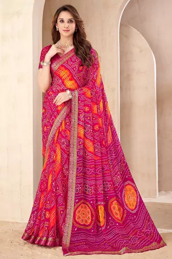 Magenta bandhani work chiffon saree with border detailing and unstitched blouse
