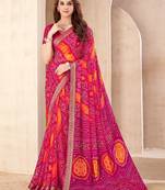 Magenta bandhani work chiffon saree with border detailing and unstitched blouse