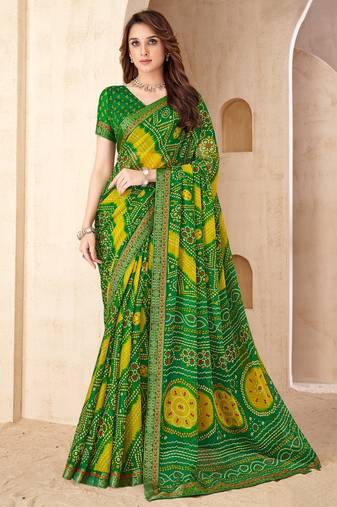 Green bandhani work chiffon saree with border detailing and unstitched blouse