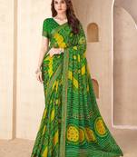 Green bandhani work chiffon saree with border detailing and unstitched blouse