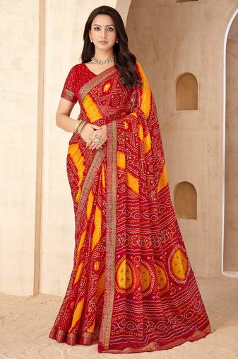 Red bandhani work chiffon saree with border detailing and unstitched blouse