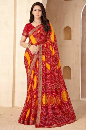 Red bandhani work chiffon saree with border detailing and unstitched blouse