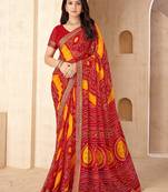 Red bandhani work chiffon saree with border detailing and unstitched blouse