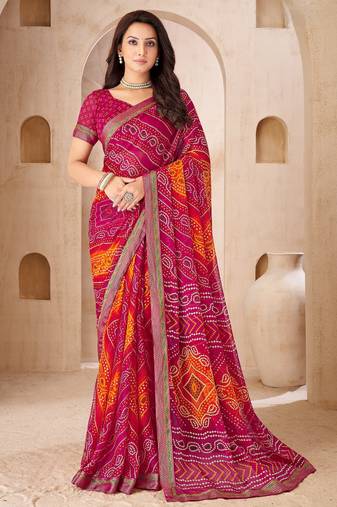 Magenta bandhani work chiffon saree with border detailing and unstitched blouse