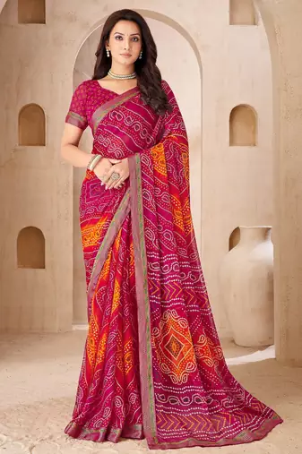 Magenta bandhani work chiffon saree with border detailing and unstitched blouse