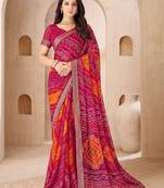 Magenta bandhani work chiffon saree with border detailing and unstitched blouse