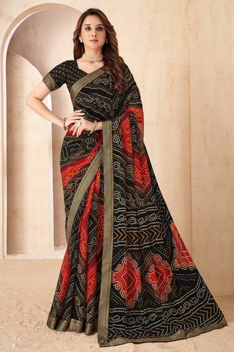 Black bandhani work chiffon traditional saree with border detailing, unstitched blouse, exclusive indian ethnic wear