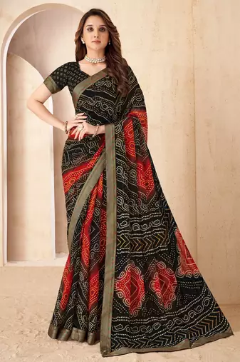 Black bandhani work chiffon traditional saree with border detailing, unstitched blouse, exclusive indian ethnic wear