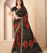 Black bandhani work chiffon traditional saree with border detailing, unstitched blouse, exclusive indian ethnic wear