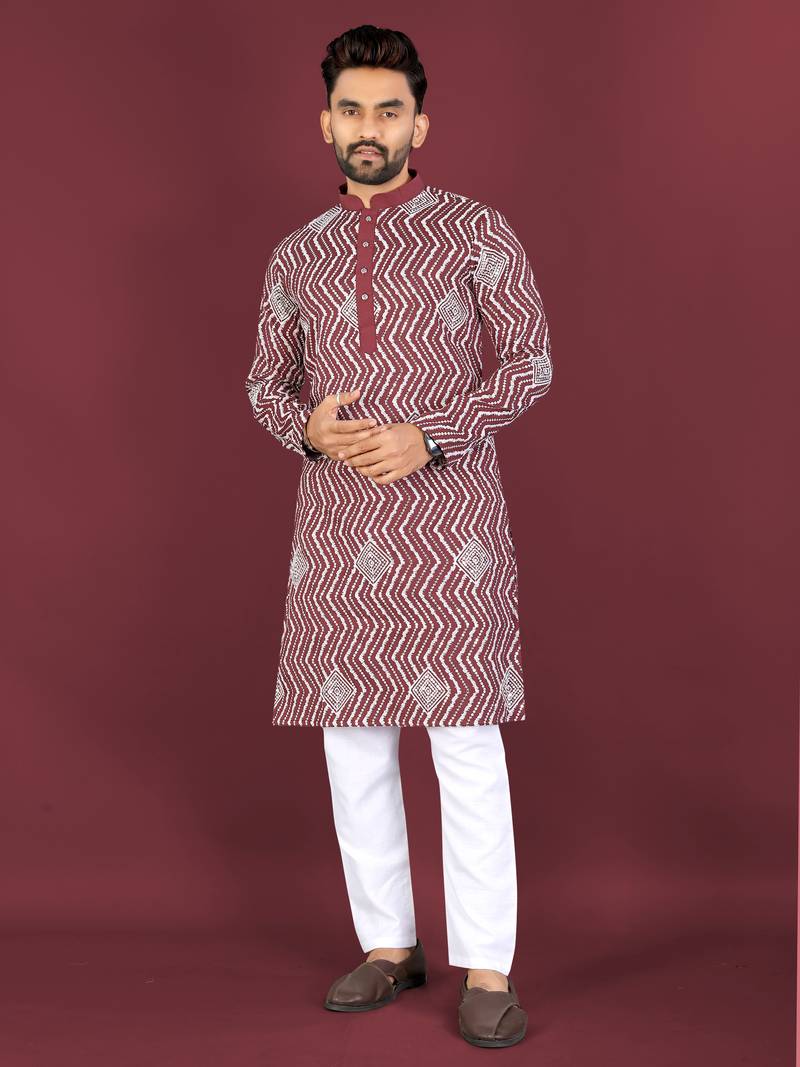 Unique cross pattern white thread embroidery with silver sequence work kurta pajama set