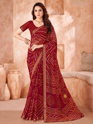 Maroon bandhani printed chiffon saree with unstitched blouse 1
