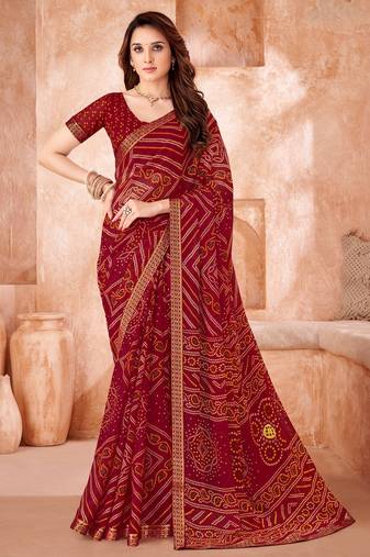 Maroon bandhani printed chiffon saree with unstitched blouse