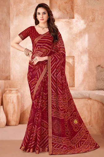 Maroon bandhani printed chiffon saree with unstitched blouse