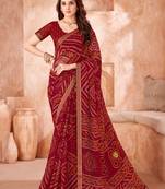 Maroon bandhani printed chiffon saree with unstitched blouse
