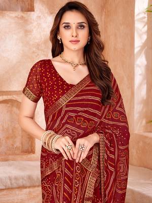 Maroon bandhani printed chiffon saree with unstitched blouse 2
