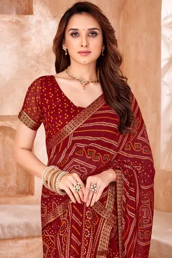 Maroon bandhani printed chiffon saree with unstitched blouse