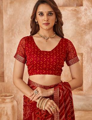 Maroon bandhani printed chiffon saree with unstitched blouse 3