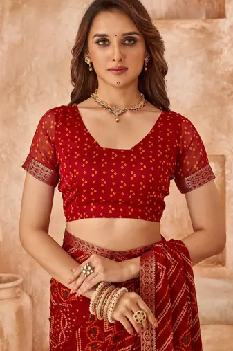 Maroon bandhani printed chiffon saree with unstitched blouse