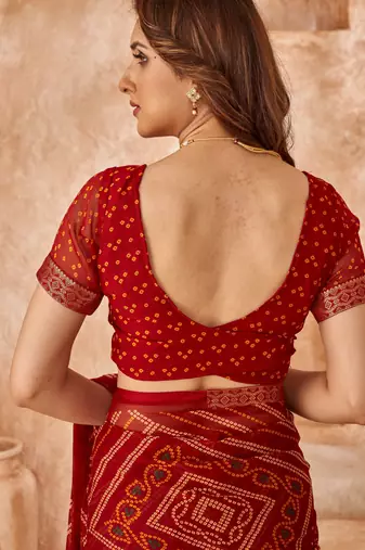 Maroon bandhani printed chiffon saree with unstitched blouse