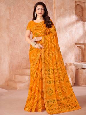 Mustard yellow bandhani printed chiffon saree with unstitched blouse 1