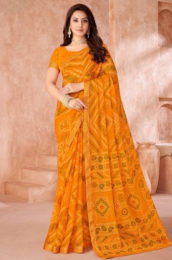 Mustard yellow bandhani printed chiffon saree with unstitched blouse