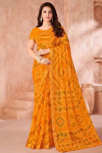 Mustard yellow bandhani printed chiffon saree with unstitched blouse