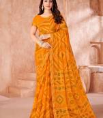 Mustard yellow bandhani printed chiffon saree with unstitched blouse