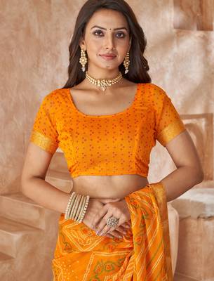 Mustard yellow bandhani printed chiffon saree with unstitched blouse 3
