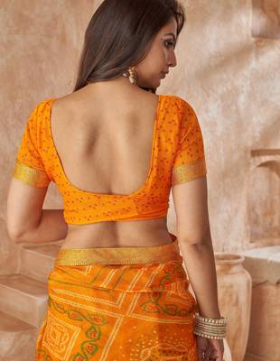 Mustard yellow bandhani printed chiffon saree with unstitched blouse 4