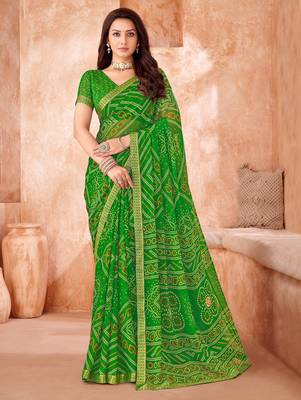 Green bandhani printed chiffon saree with unstitched blouse 1