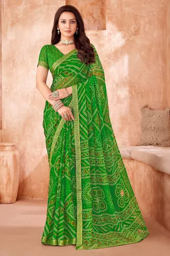 Green bandhani printed chiffon saree with unstitched blouse