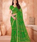 Green bandhani printed chiffon saree with unstitched blouse