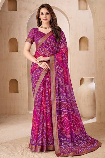 Purple & magenta bandhani work chiffon saree with border detailing and unstitched blouse
