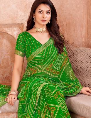 Green bandhani printed chiffon saree with unstitched blouse 2