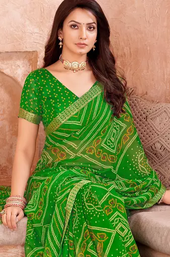 Green bandhani printed chiffon saree with unstitched blouse