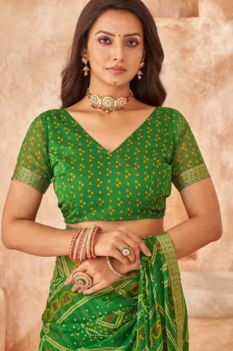 Green bandhani printed chiffon saree with unstitched blouse