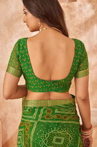 Green bandhani printed chiffon saree with unstitched blouse