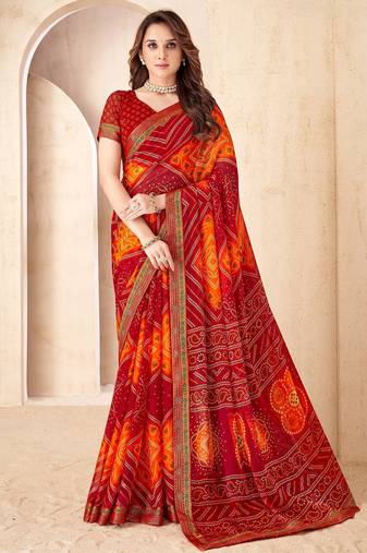 Red & orange bandhani work chiffon saree with border detailing and unstitched blouse