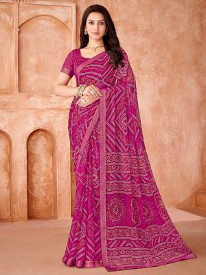 Magenta bandhani printed chiffon saree with unstitched blouse 1